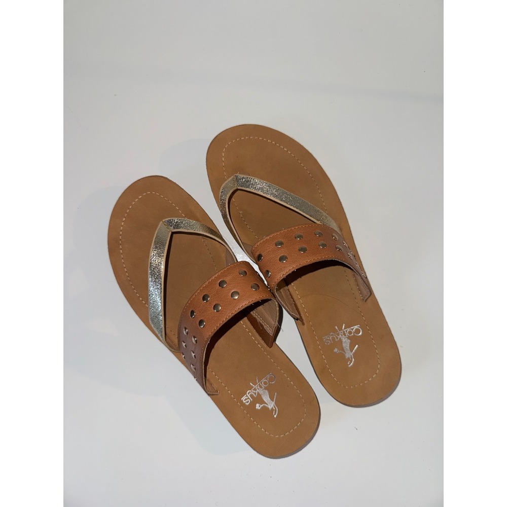 Corkys Goodluck Tan Gold Studded Thong Slide Sandals Womens 7